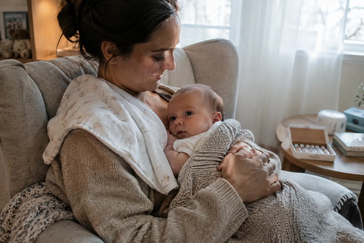 Un parent assis dans un fauteuil tient son bébé contre lui, enveloppé dans une couverture, dans une chambre douce.