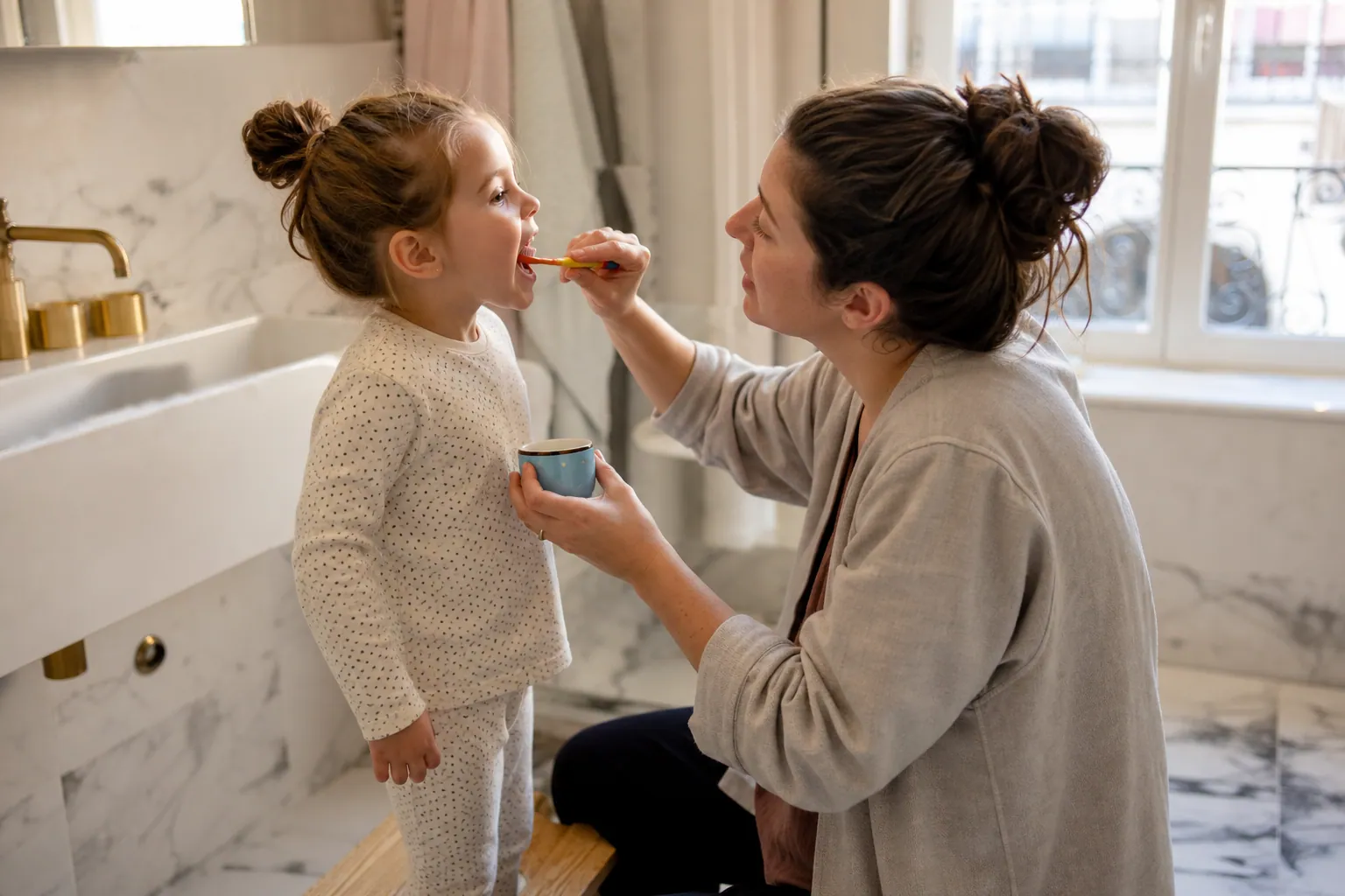 Parent aidant son enfant à se brosser les dents dans une salle de bain lumineuse