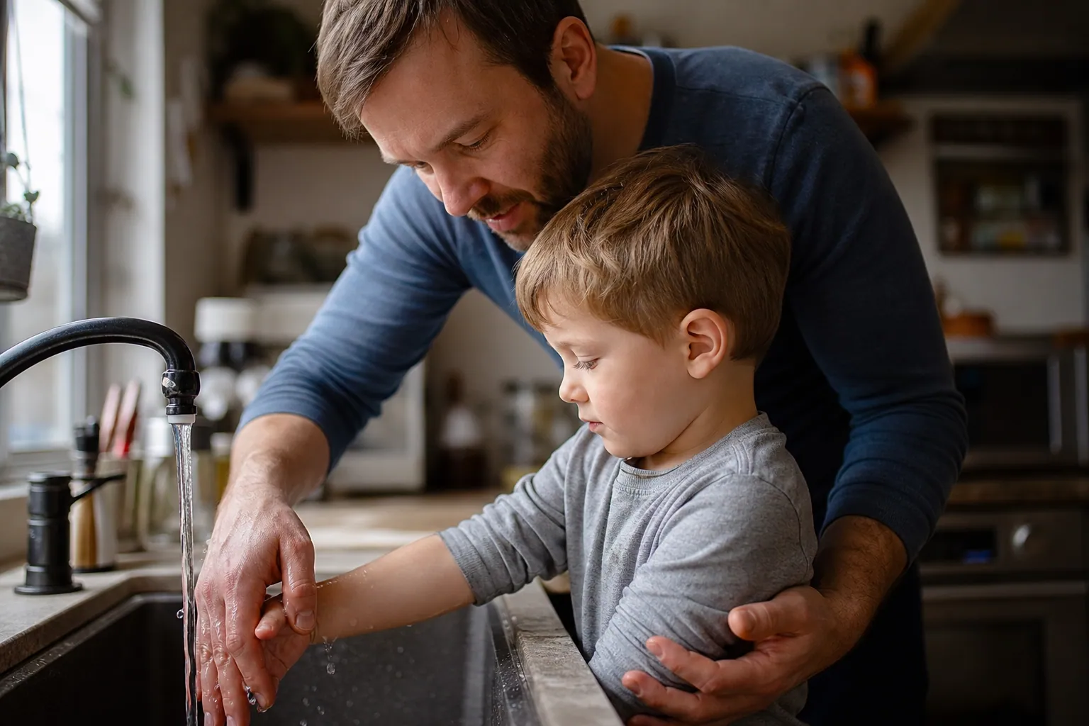 Un parent passe la main d'un jeune enfant sous l'eau tiède du robinet après une brûlure légère.