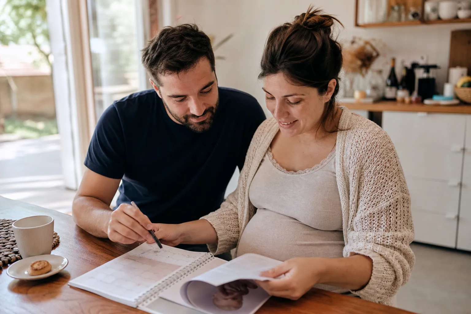 Couple regardant un calendrier pour estimer la date d’accouchement