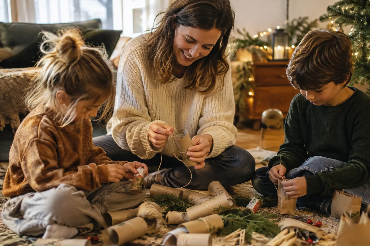 Un parent et deux enfants décorent des rouleaux en carton et des sachets kraft pour un calendrier de l'Avent.