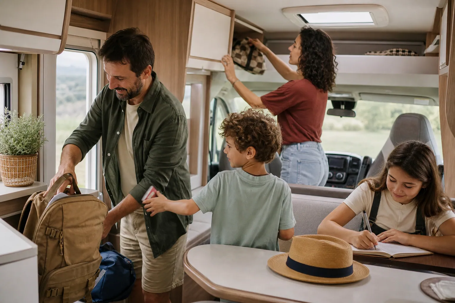 Famille française dans un camping-car, prête à partir en vacances, ambiance chaleureuse et naturelle.