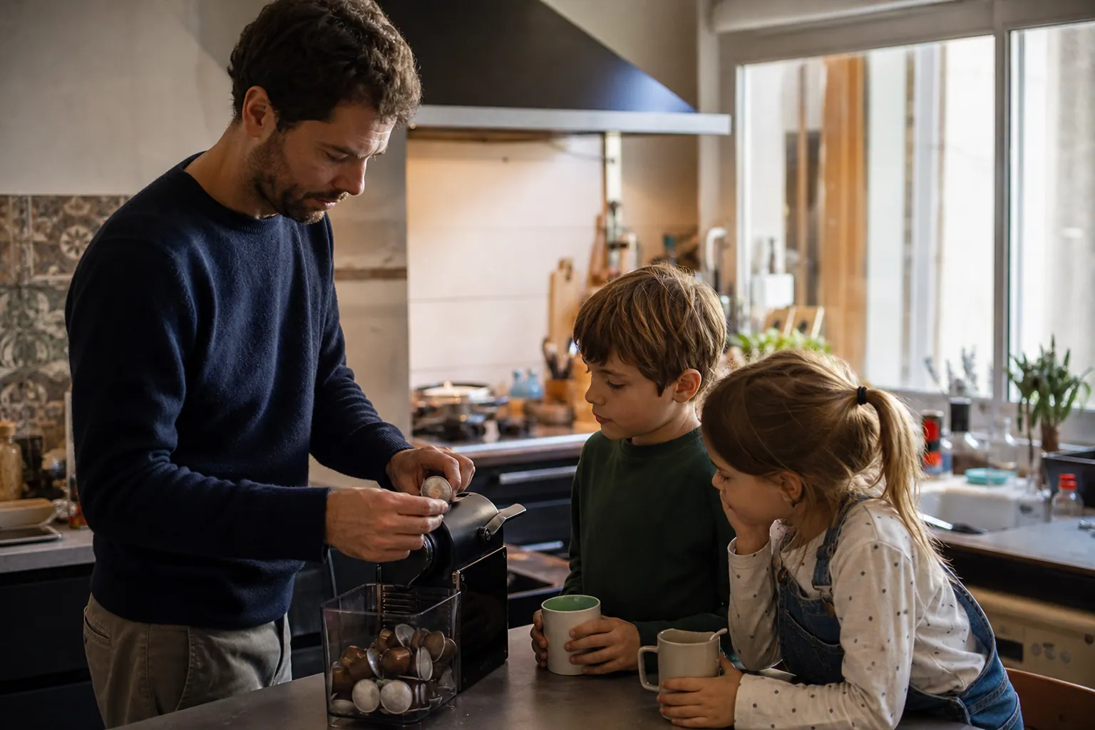 Parent et enfants dans une cuisine, préparant un chocolat chaud avec une machine compatible Nespresso.