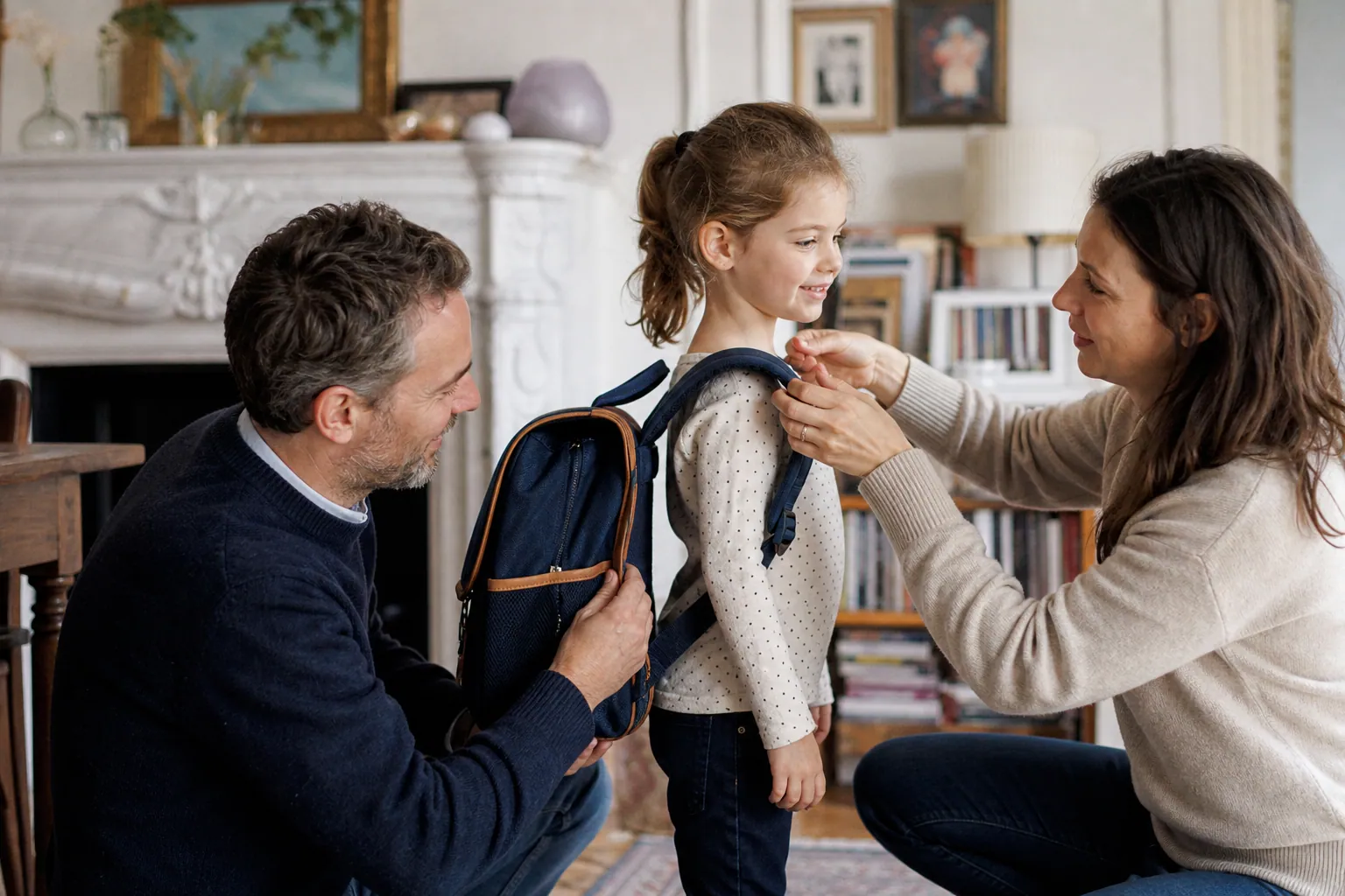 Parent aidant son enfant à essayer un cartable pour l’entrée au CP
