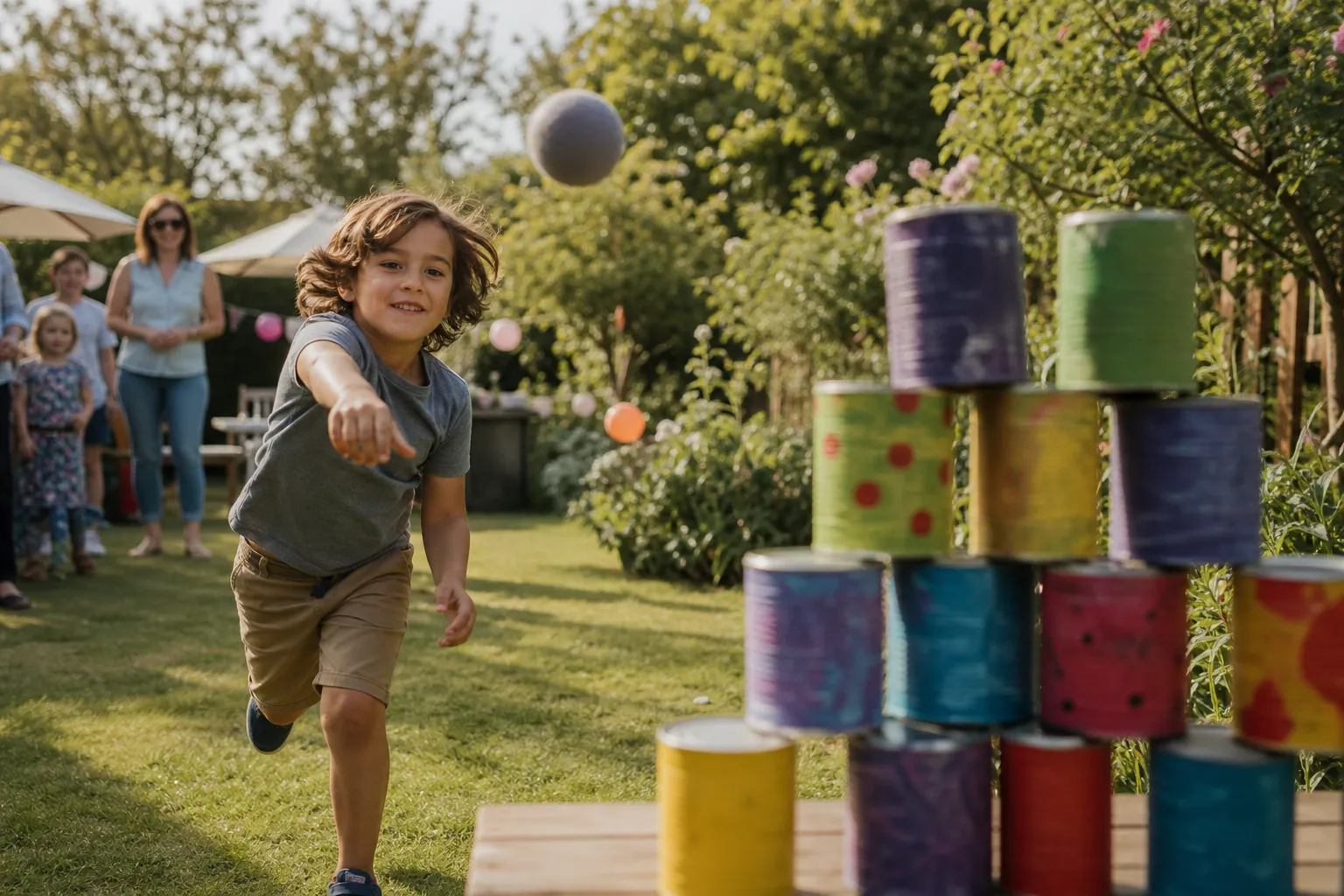 Un enfant lance une balle sur une pyramide de boîtes peintes lors d'un anniversaire en extérieur.