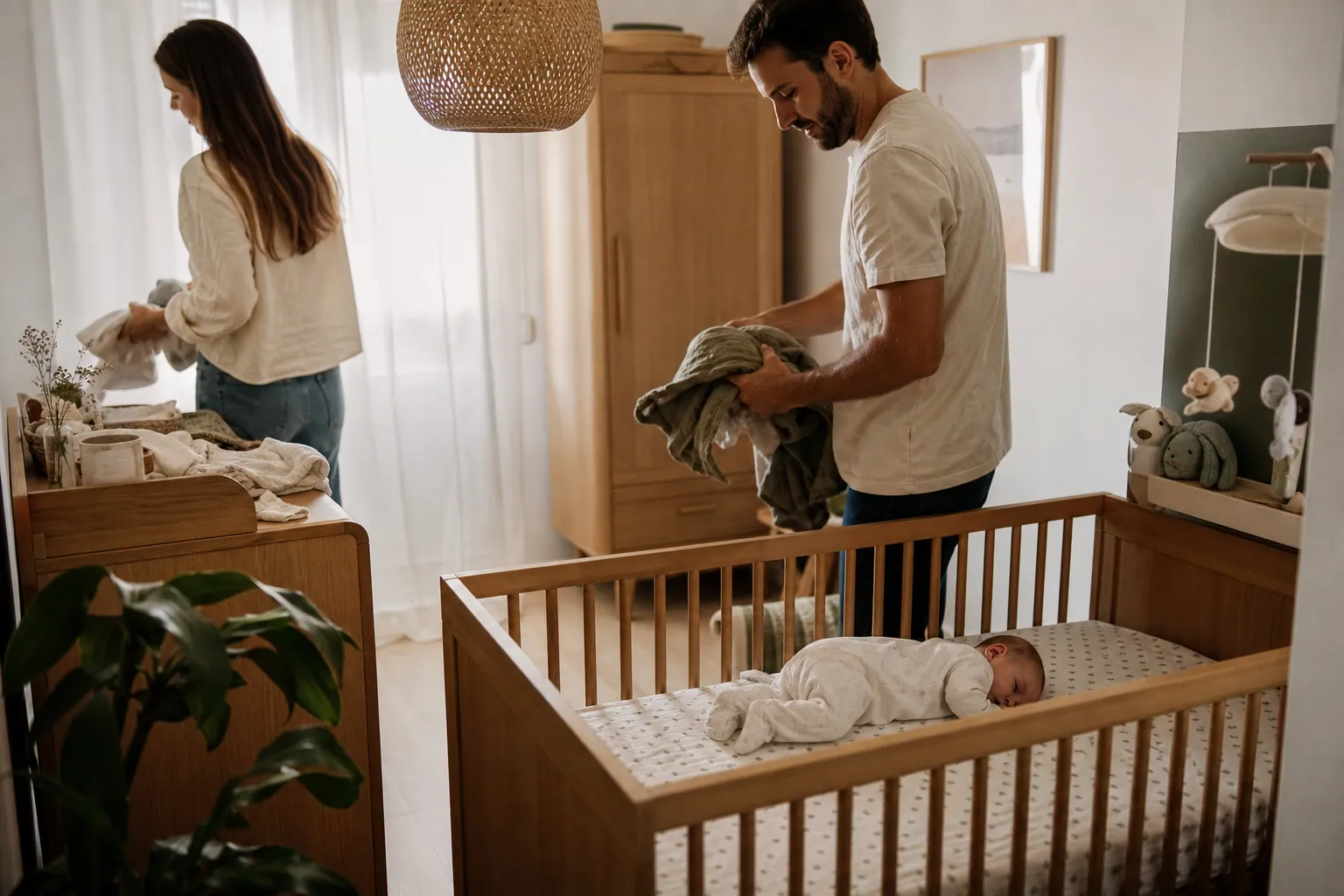 Chambre de bébé chaleureuse avec mobilier en bois et ambiance douce