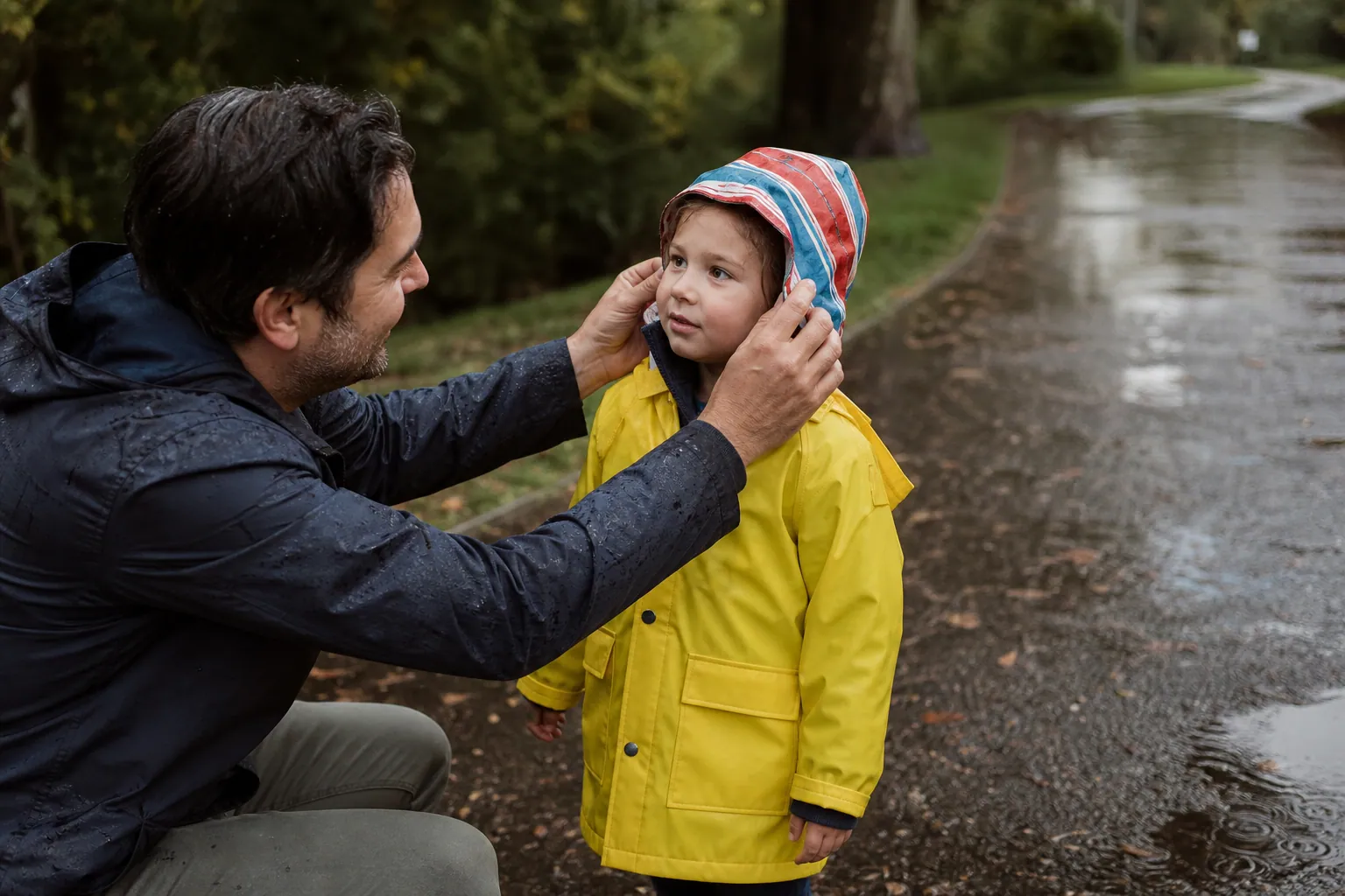 Parent aidant un enfant à enfiler un chapeau de pluie dans un parc sous la pluie