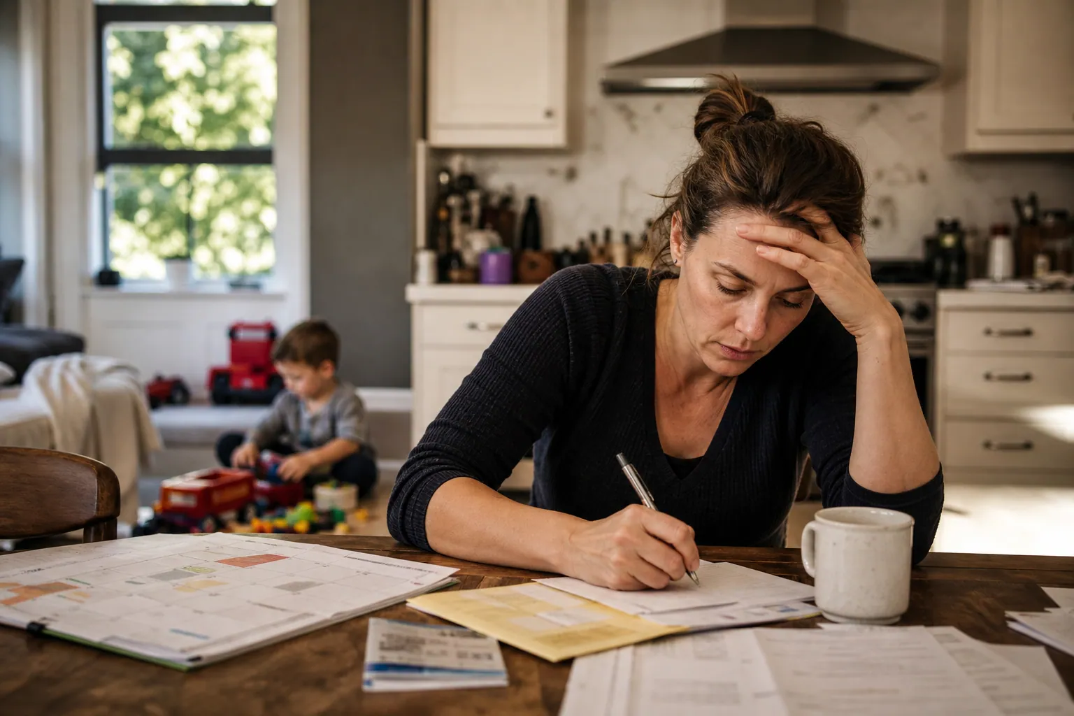 Parent fatigué notant une liste de tâches devant un calendrier familial dans une cuisine.