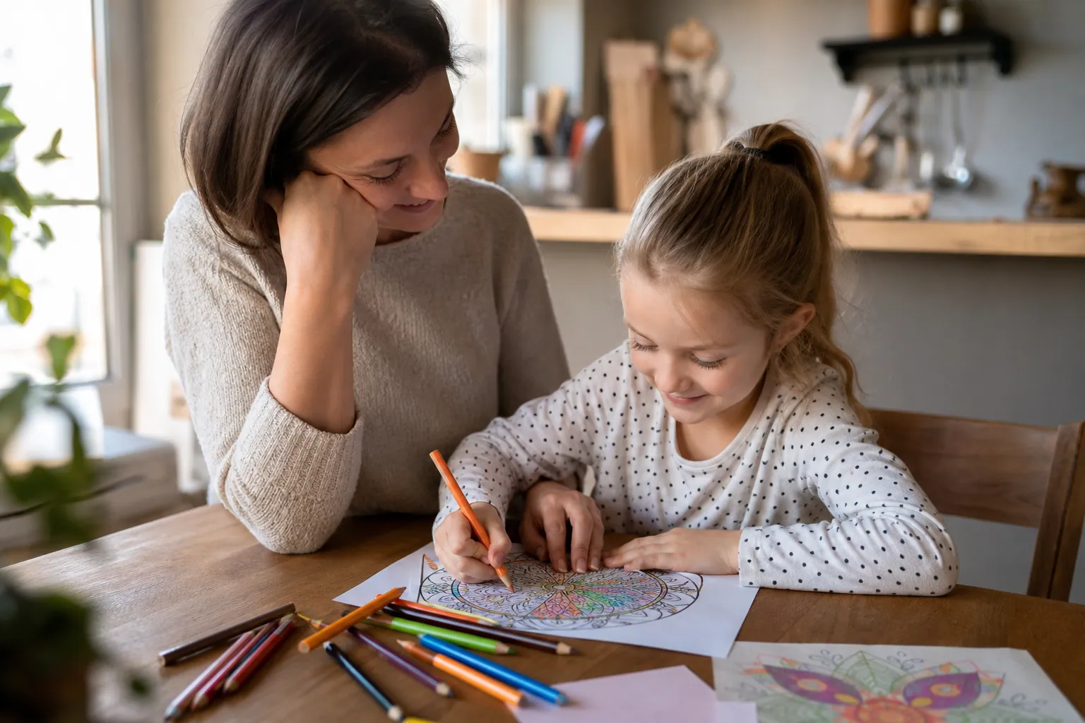 Parent et enfant coloriant un mandala ensemble à la maison