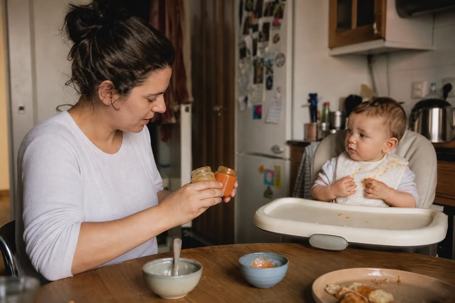 Parent comparant des petits pots pour bébé à table, avec un enfant dans sa chaise haute.