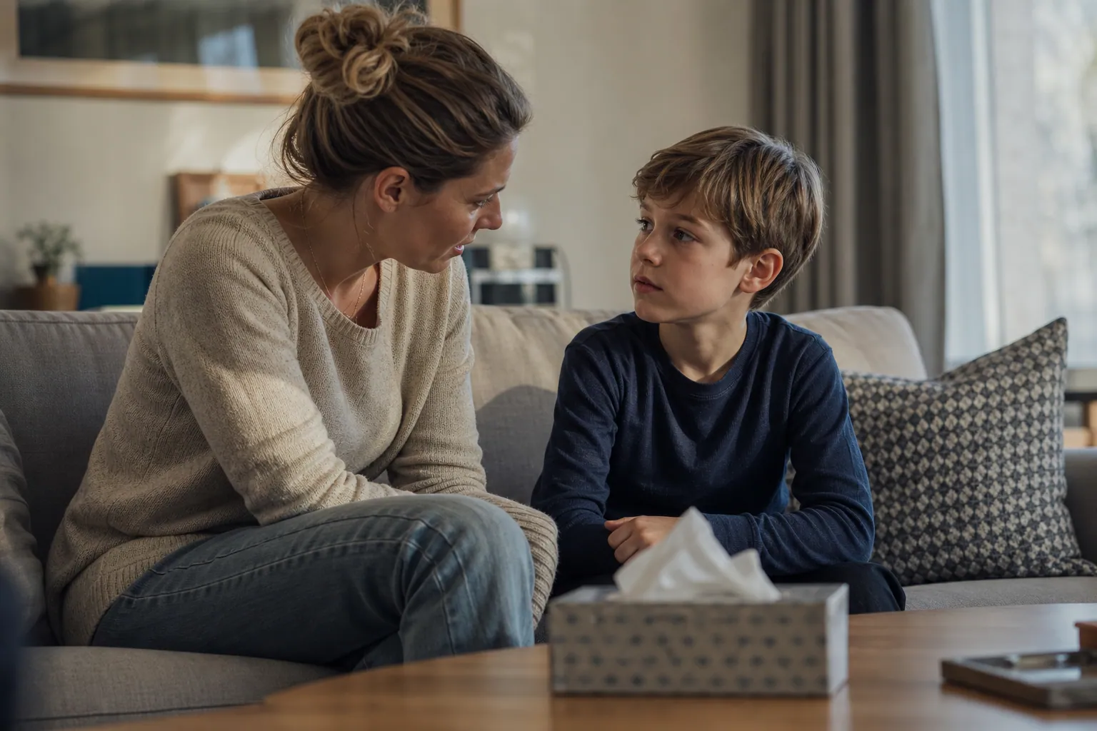 Parent parlant doucement de la mort avec son enfant dans le salon