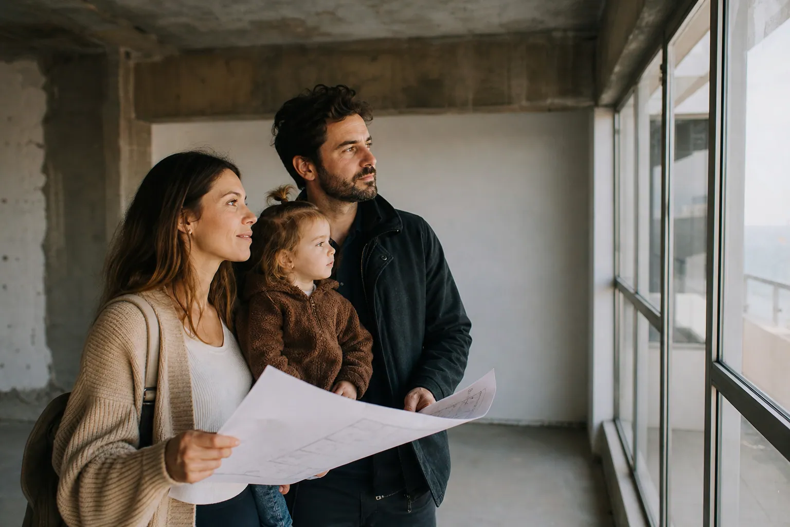 Couple avec enfant examinant les plans dans un appartement neuf en cours de construction