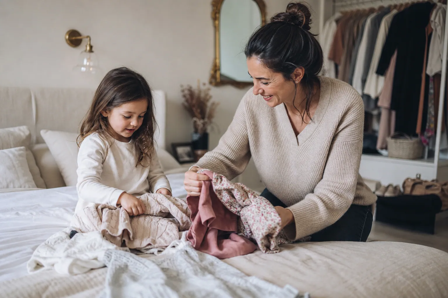 Mère et fille choisissant des tenues coordonnées dans une chambre lumineuse