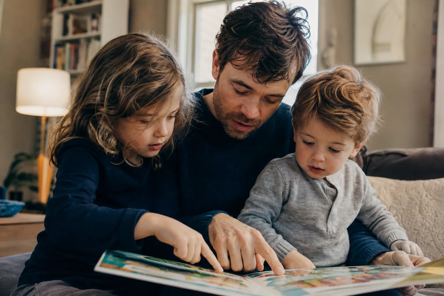 Parent lisant une histoire en langue étrangère avec deux enfants à la maison