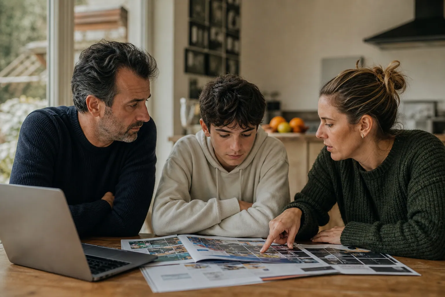 Parent et adolescent français discutant d’orientation scolaire à la maison, autour de brochures.