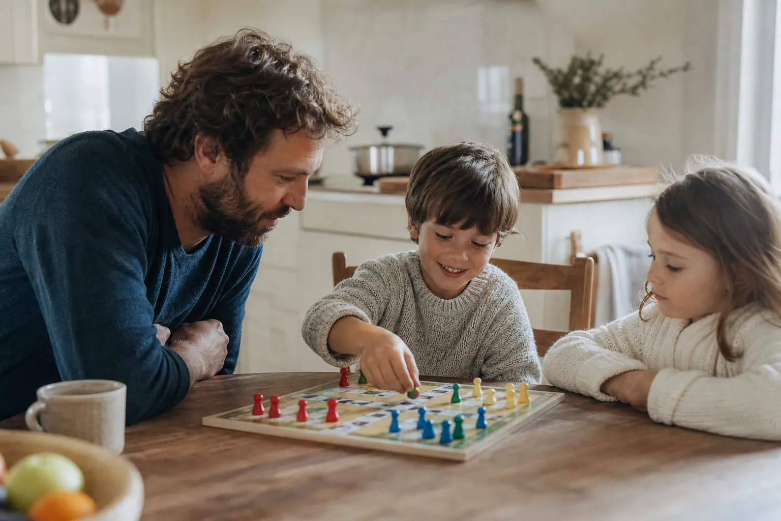 Parent jouant à un jeu de société avec deux enfants autour de la table.