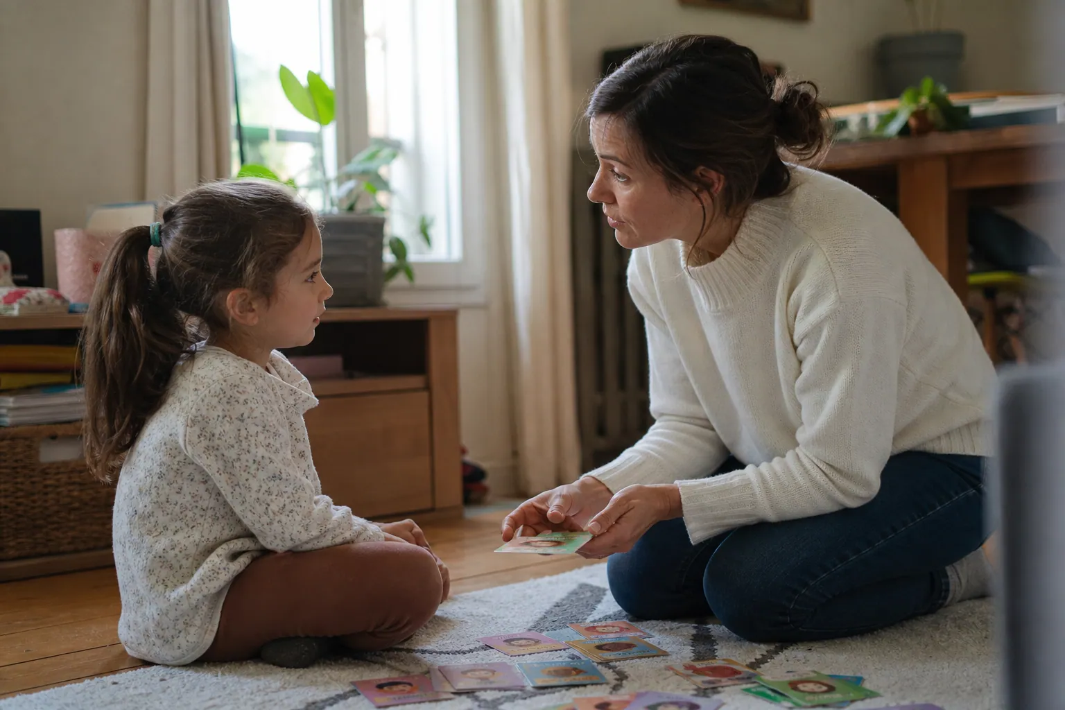 Parent français échangeant calmement avec son enfant autour des émotions, à la maison.