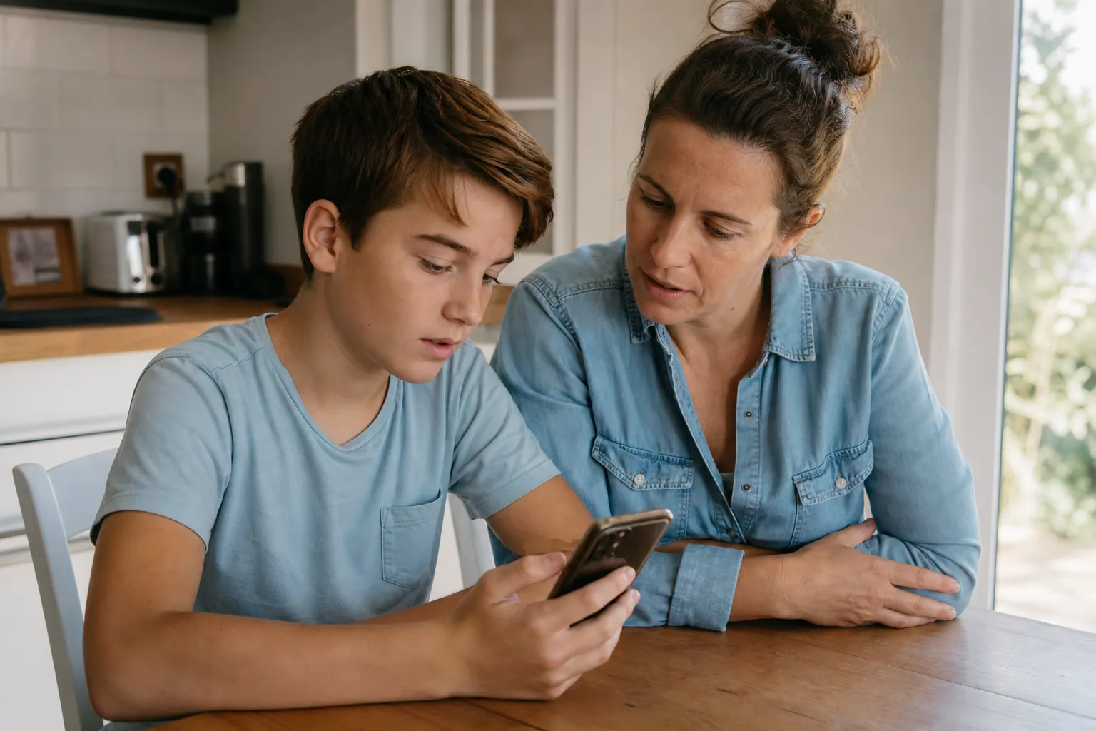 Parent et enfant discutant calmement d’un téléphone à la maison