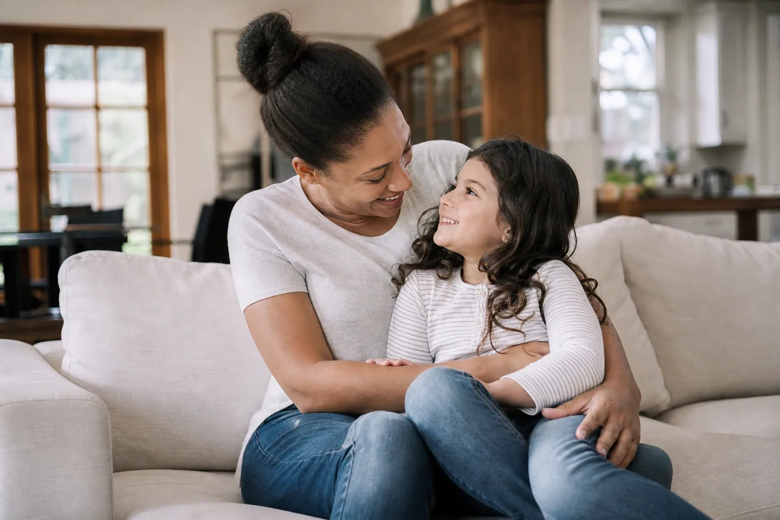 Parent rassurant son enfant en plein débordement émotionnel à la maison.