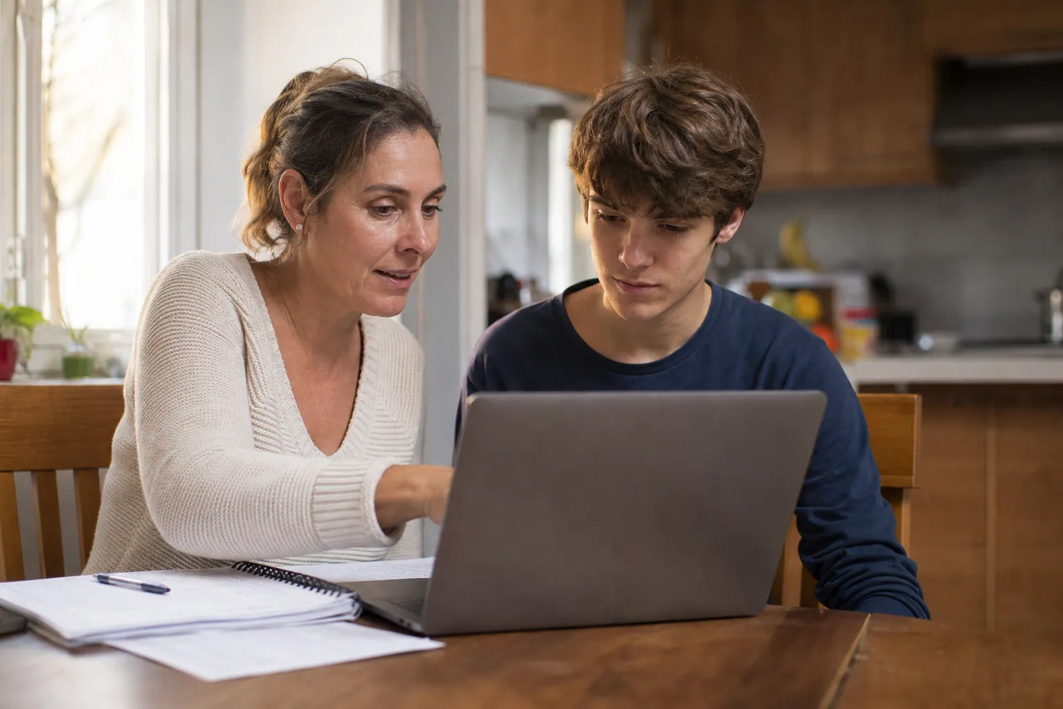 Parent aidant son adolescent à préparer un CV à la table de la cuisine