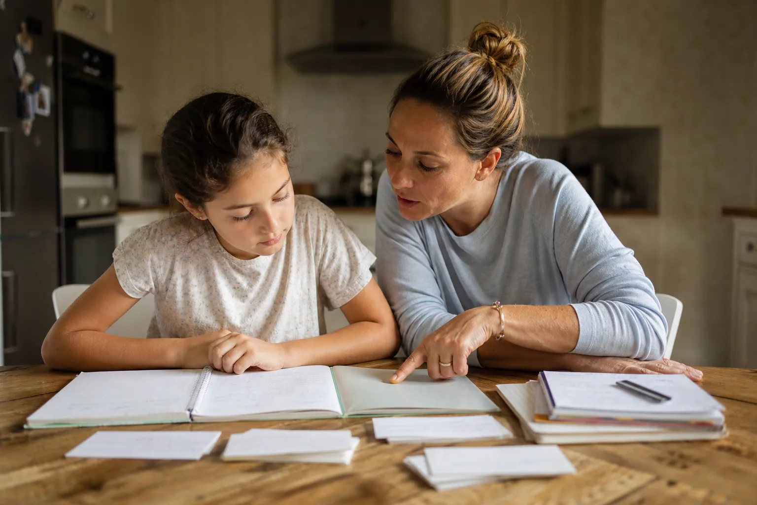 Parent aidant son enfant à réviser à la table de la cuisine