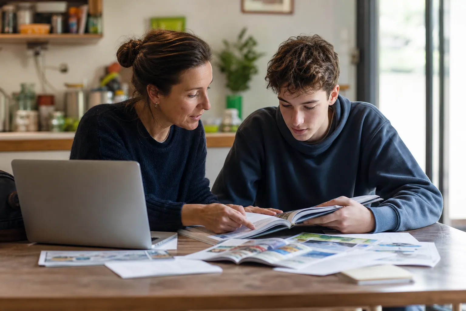 Parent et adolescent discutant d’orientation autour d’un carnet, dans un salon lumineux.