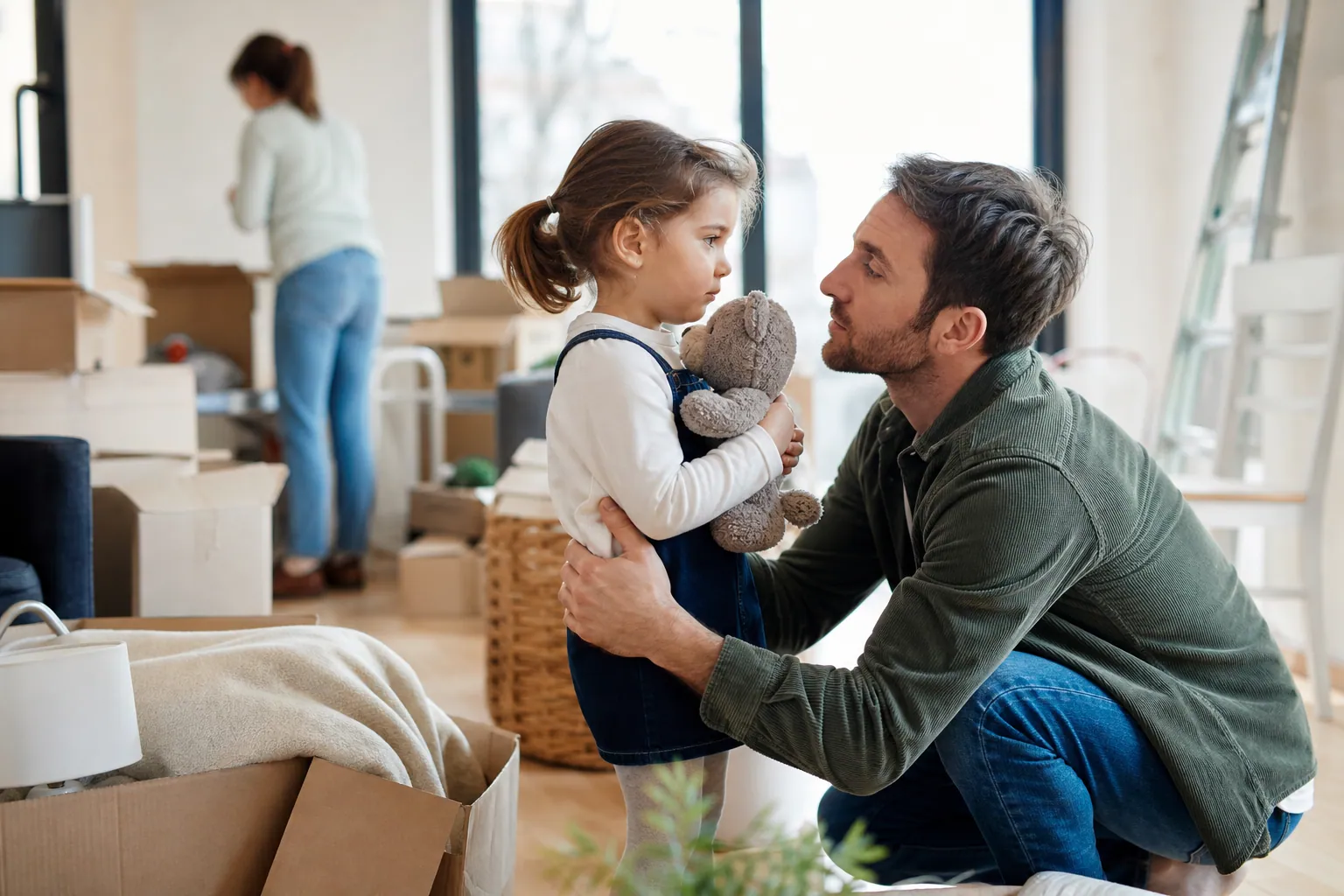 Parent rassurant son enfant dans un nouvel appartement après un déménagement.