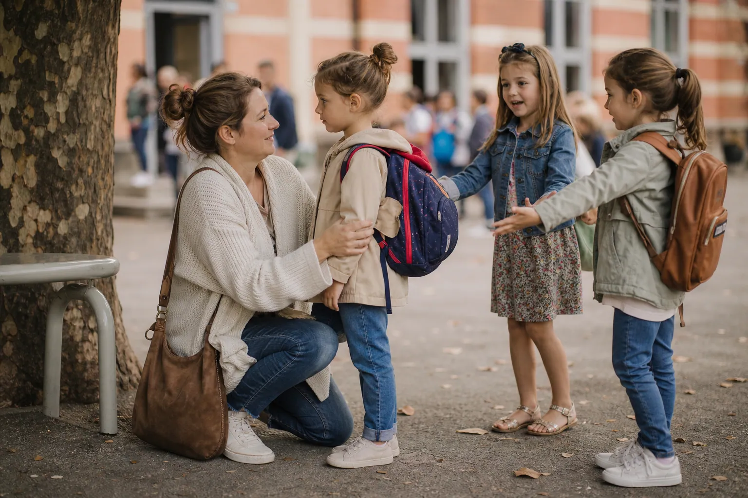 Parent aidant son enfant à rejoindre deux camarades dans une cour d’école