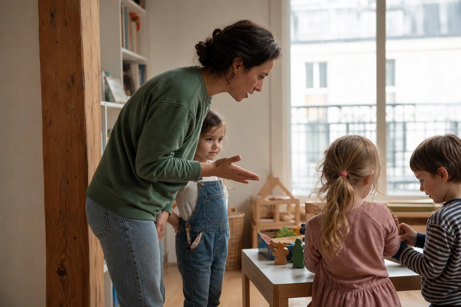 Parent rassurant un enfant timide dans une scène de vie familiale chaleureuse