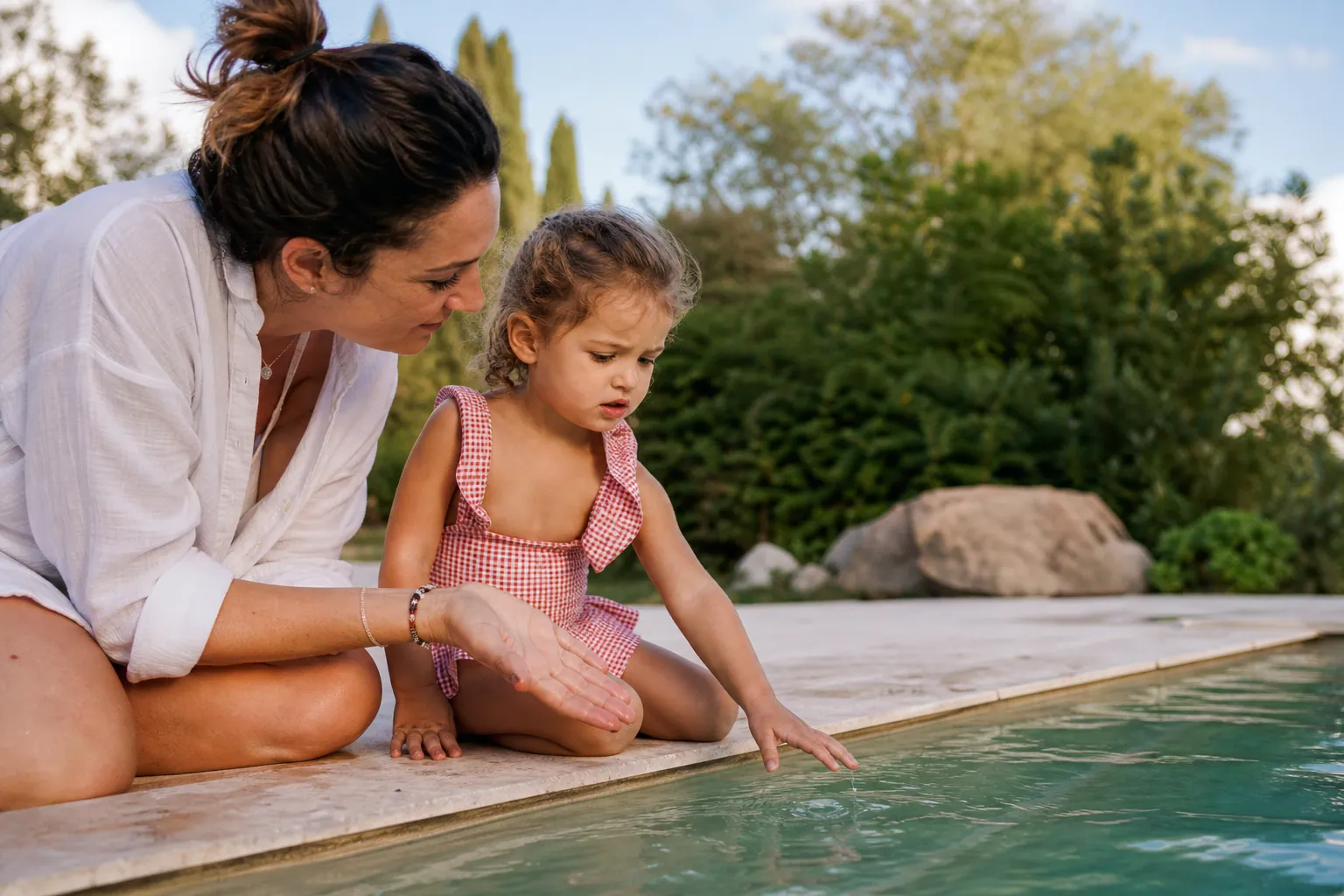 Parent rassurant un enfant qui touche l’eau au bord d’une piscine