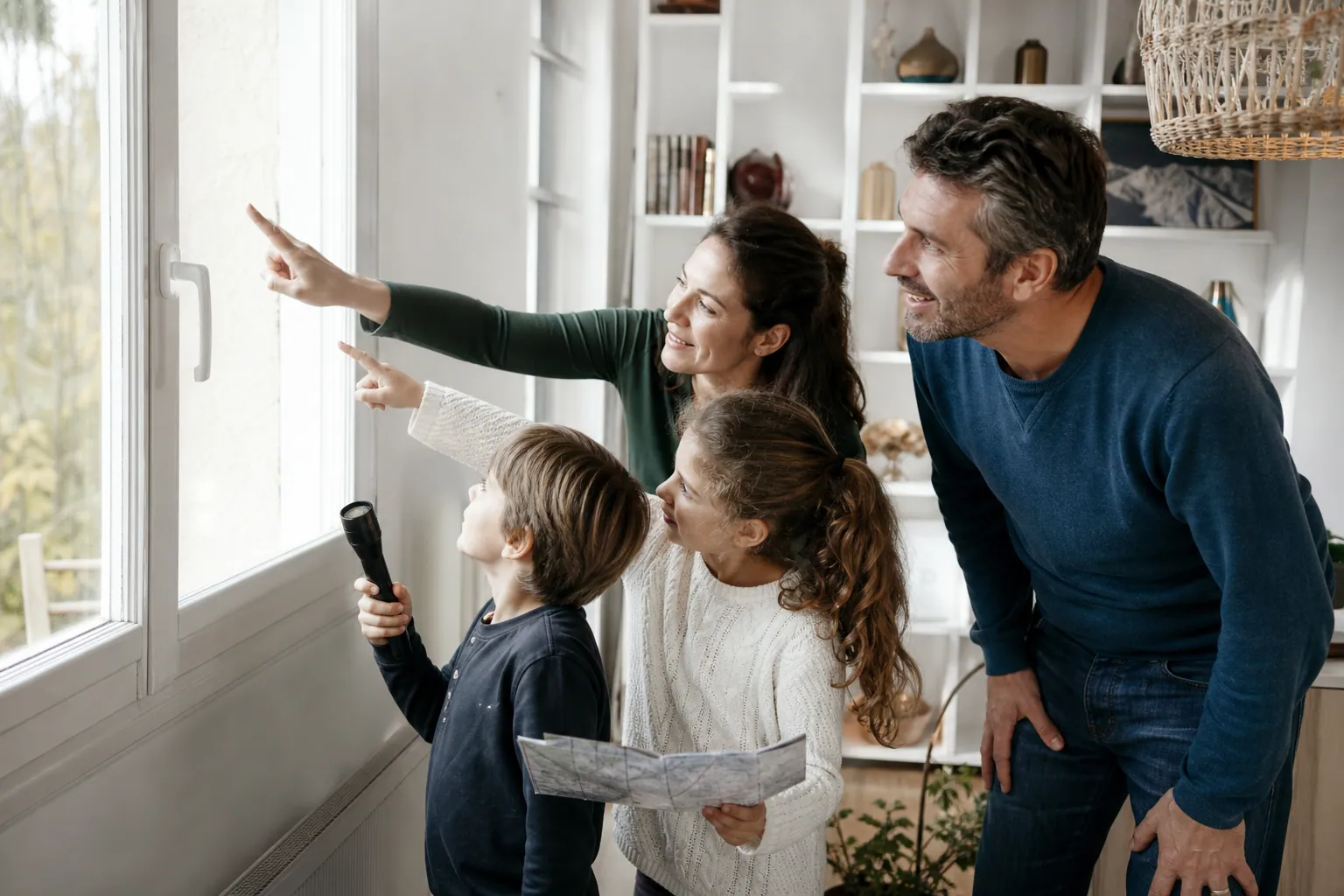 Famille française faisant une chasse aux risques dans la maison, parents et enfants souriants.