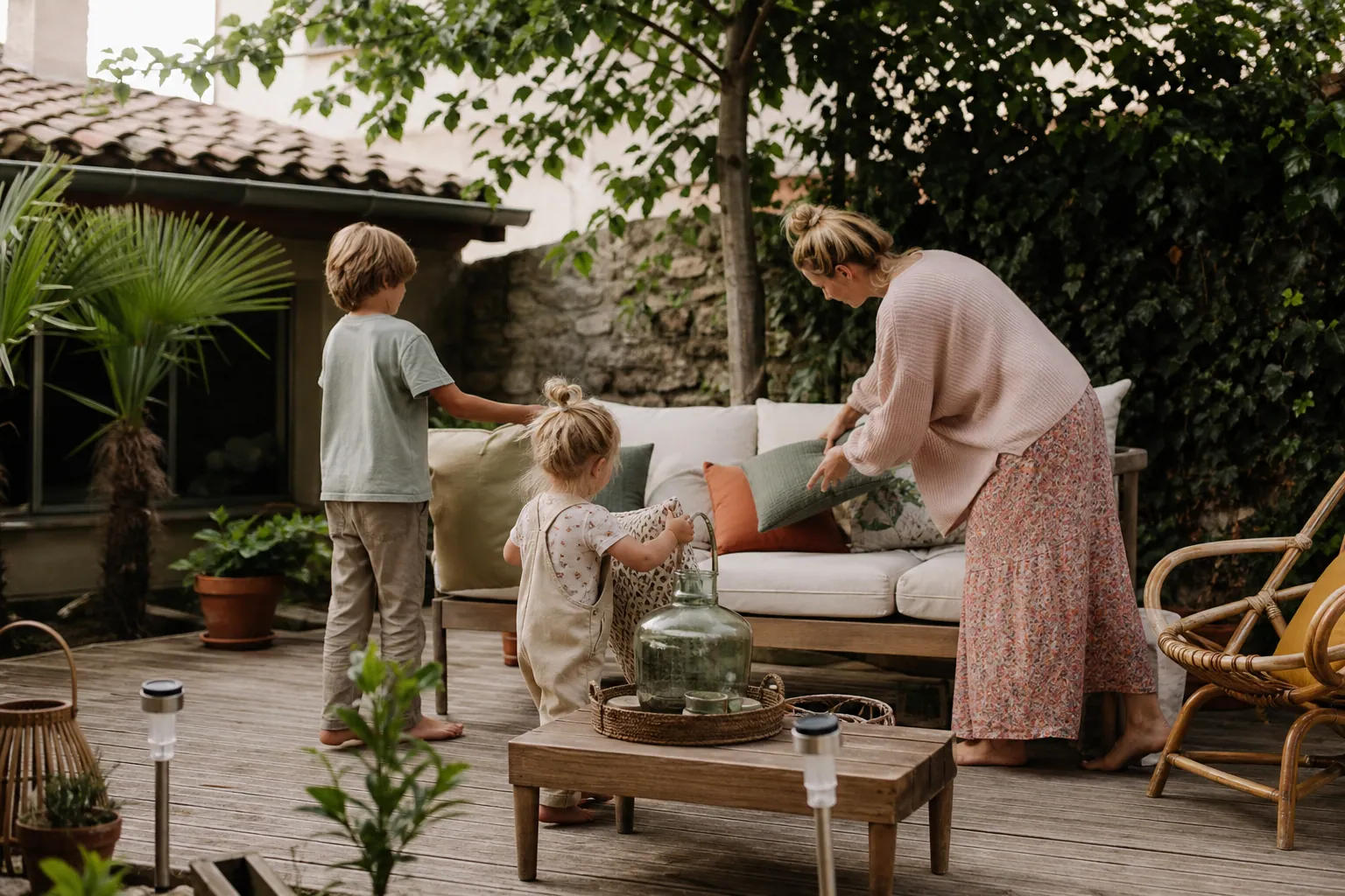 Famille installant un coin détente cosy dans le jardin, avec coussins et plantes.