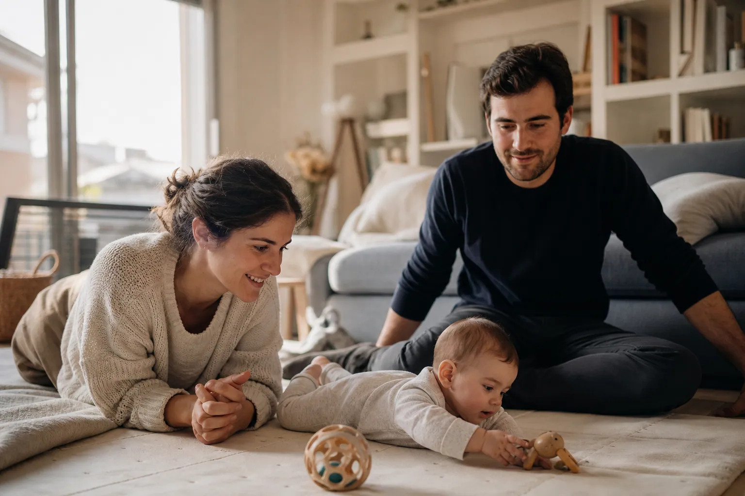 Bébé joue sur un tapis épuré dans un salon lumineux avec ses parents