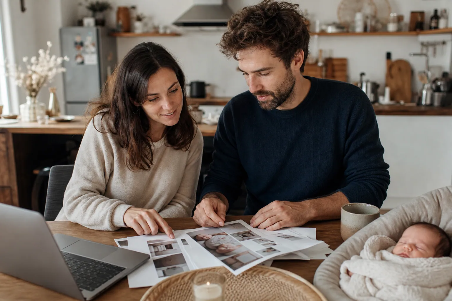 Jeunes parents français créant un faire-part magazine de naissance à la maison.