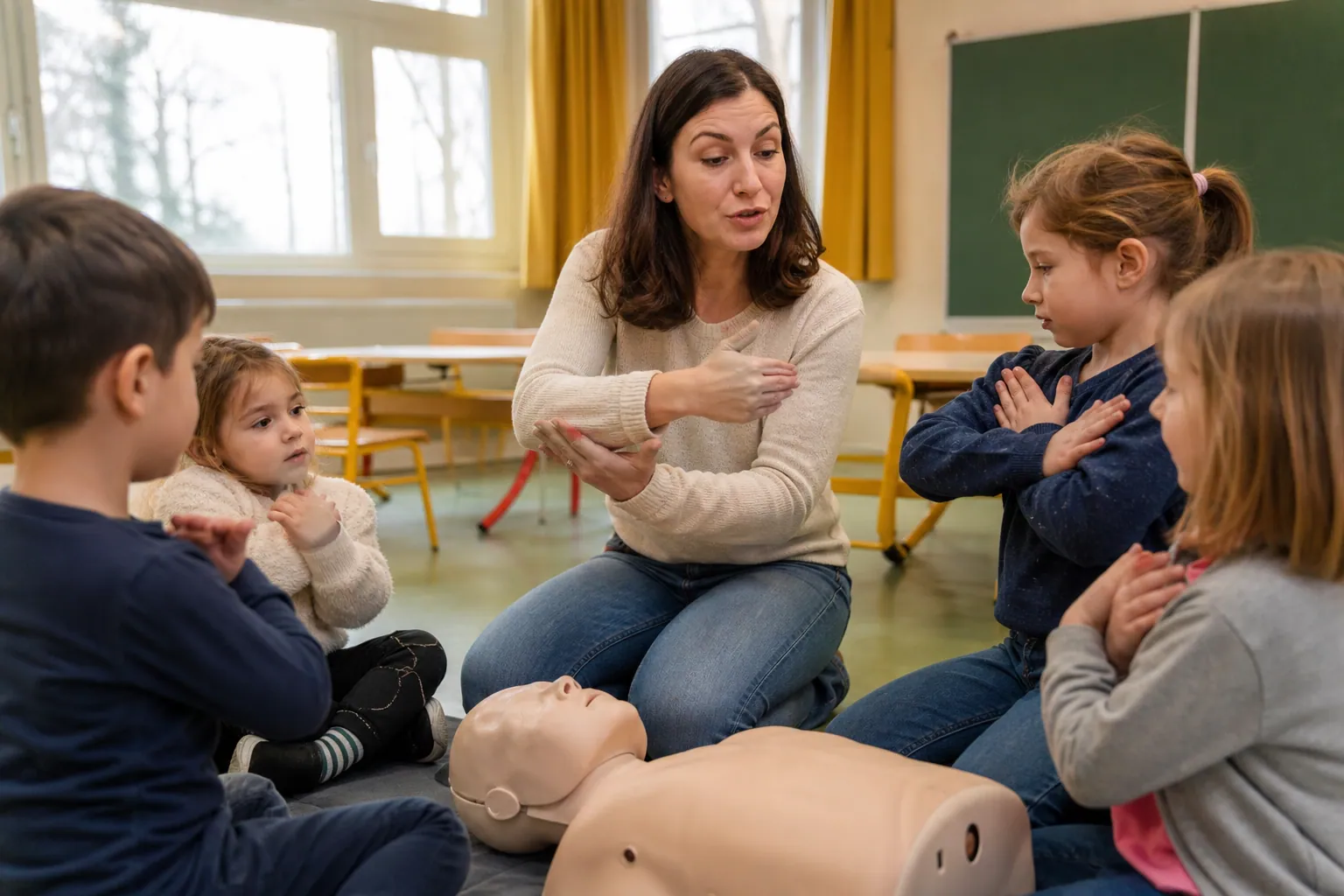 Enseignant montrant des gestes de secourisme à des élèves dans une classe française.
