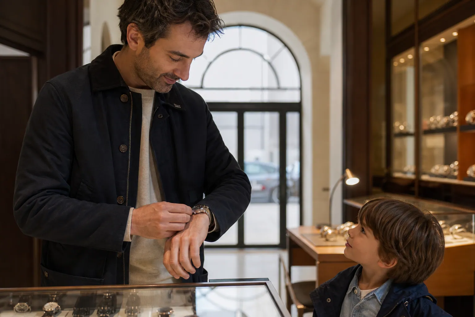 Un père essaie une montre en boutique, avec son enfant à ses côtés.