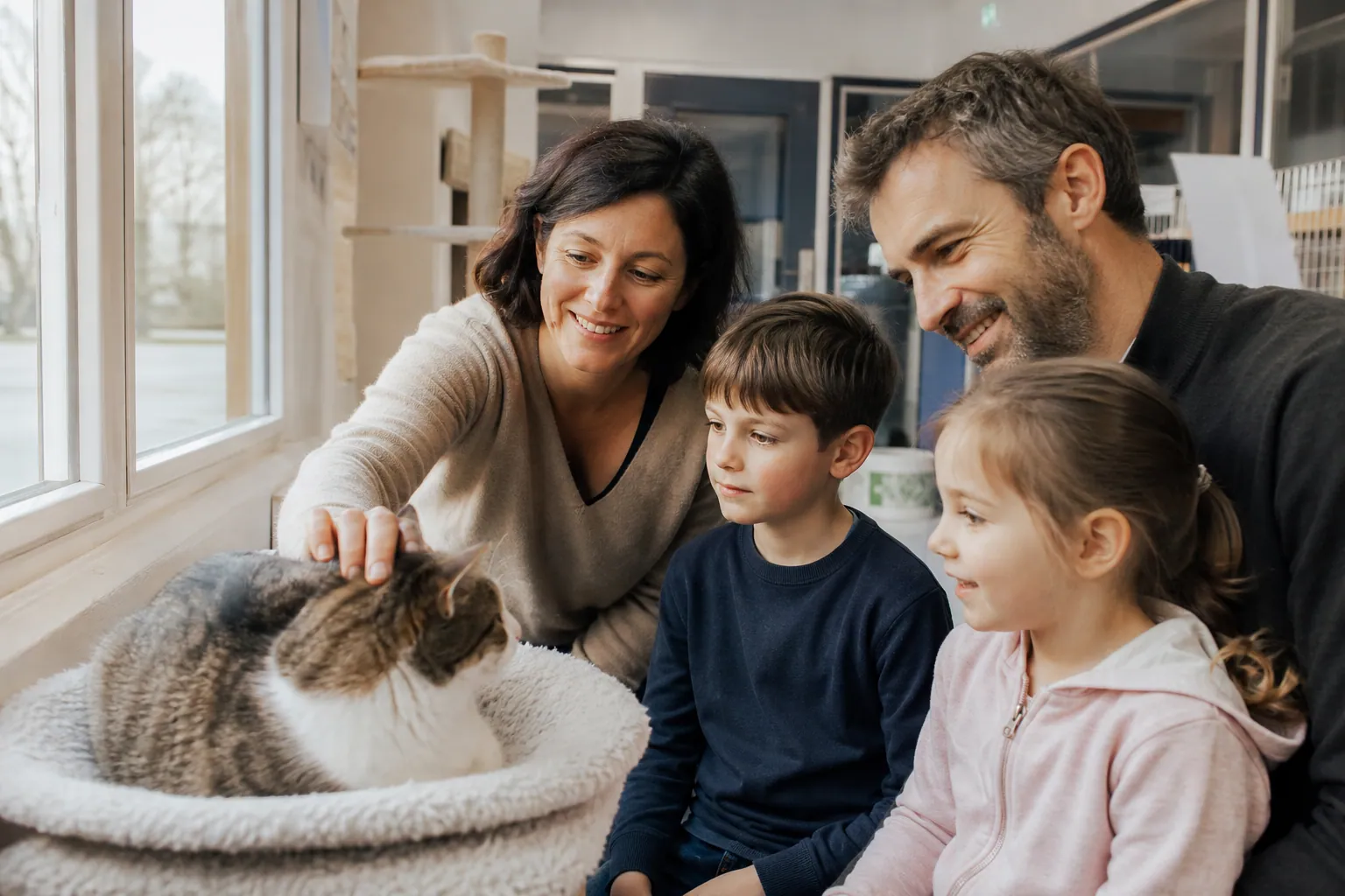 Famille française rencontrant un chat calme en refuge, dans une ambiance chaleureuse.