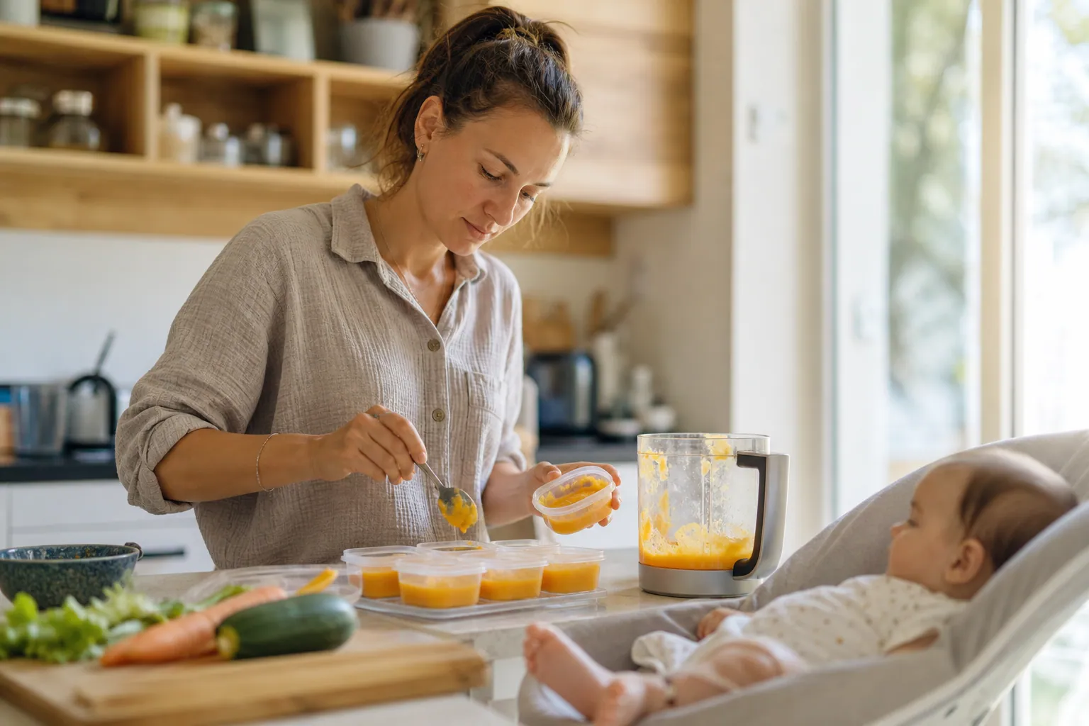 Parent remplissant des petits pots maison pour bébé avant congélation