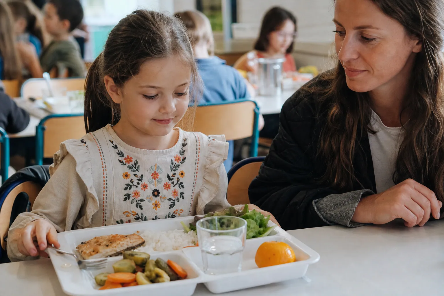 Un enfant à la cantine devant un repas équilibré, avec eau et légumes.