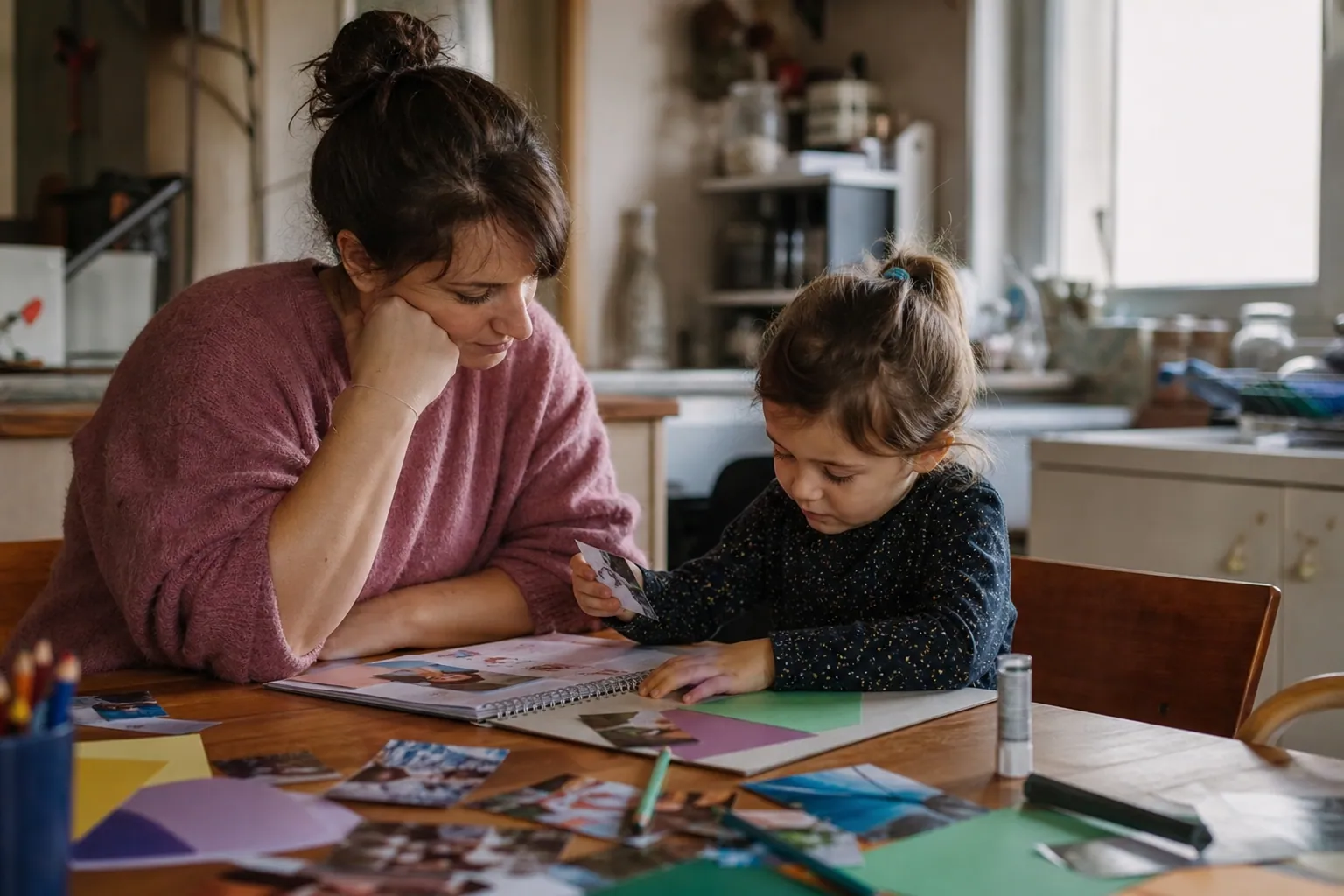 Parent et enfant organisant des photos dans un album sur une table de cuisine