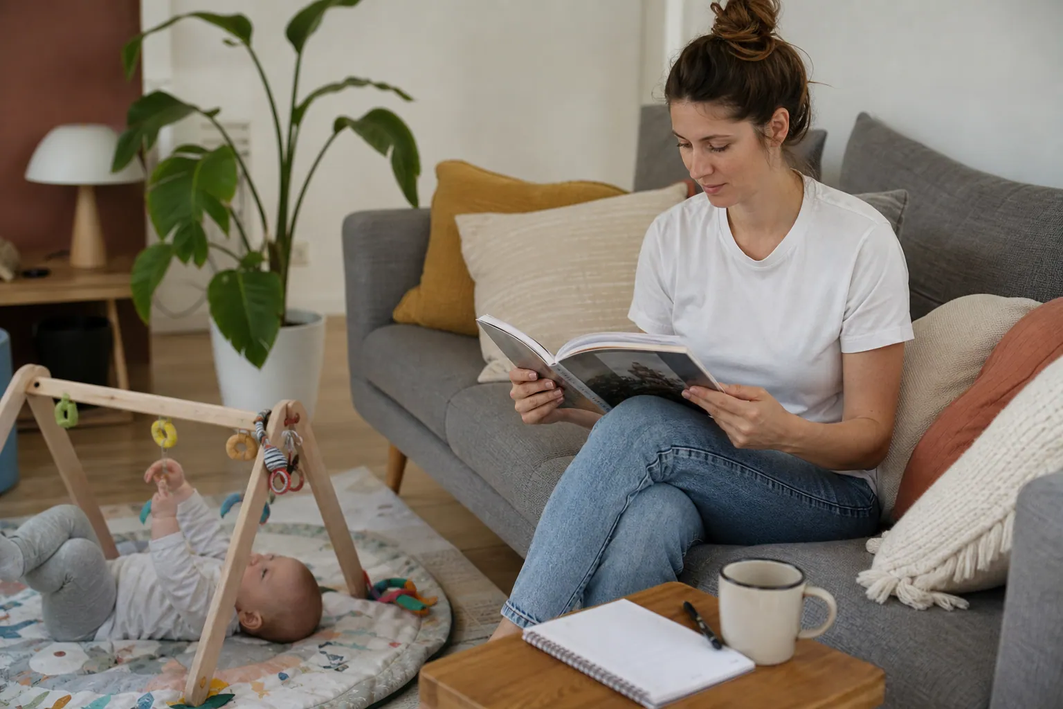 Une jeune mère lit un magazine près de son bébé, carnet de notes à la main, dans un salon lumineux.