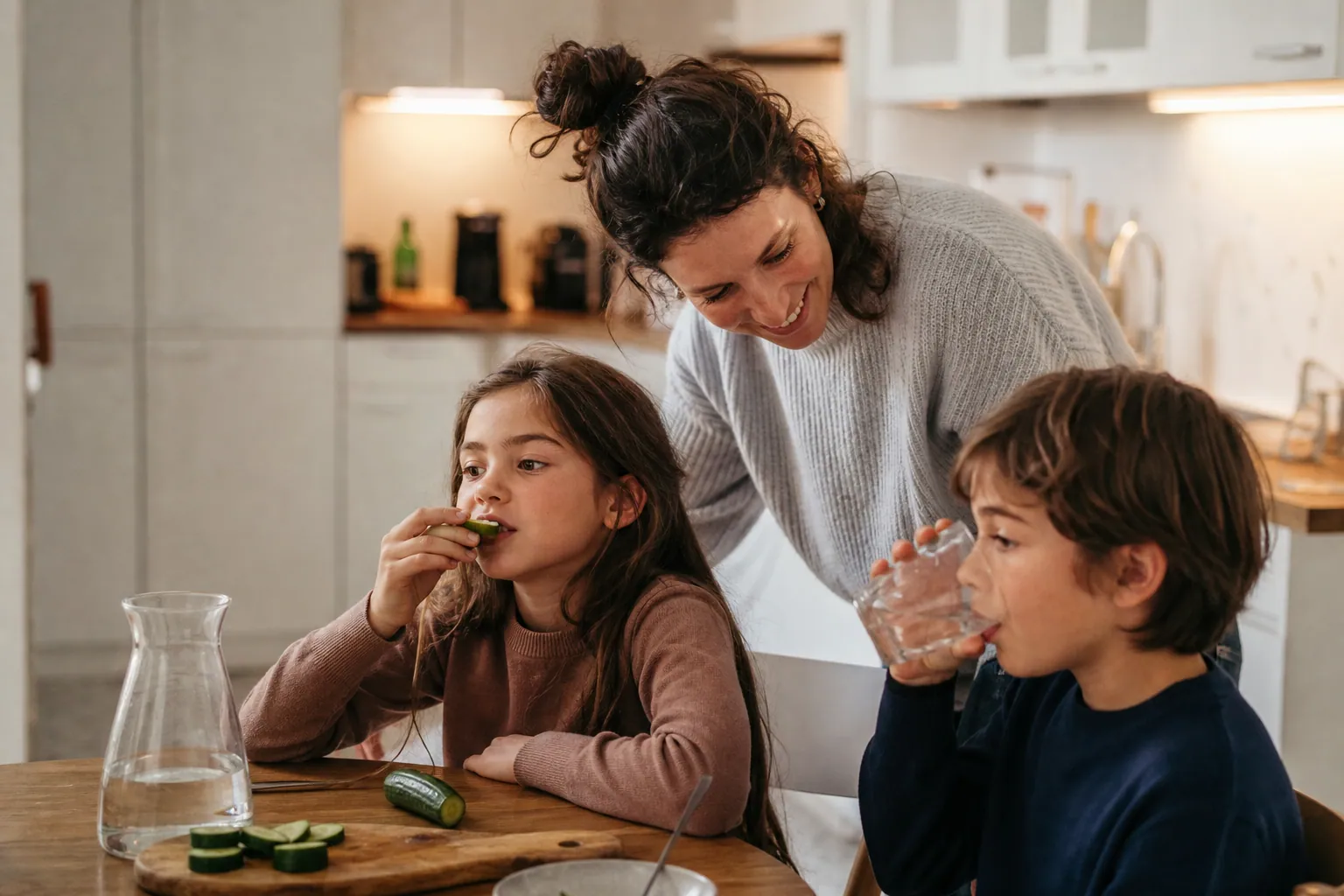 Parent et enfants dans une cuisine chaleureuse, avec goûter sain et verre d’eau.