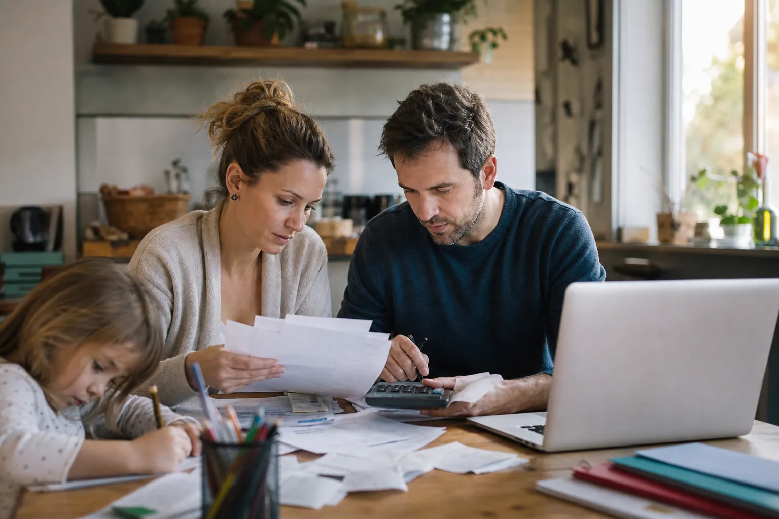 Parents français faisant des calculs d’impôt à la table de la cuisine, avec un ordinateur et des papiers.