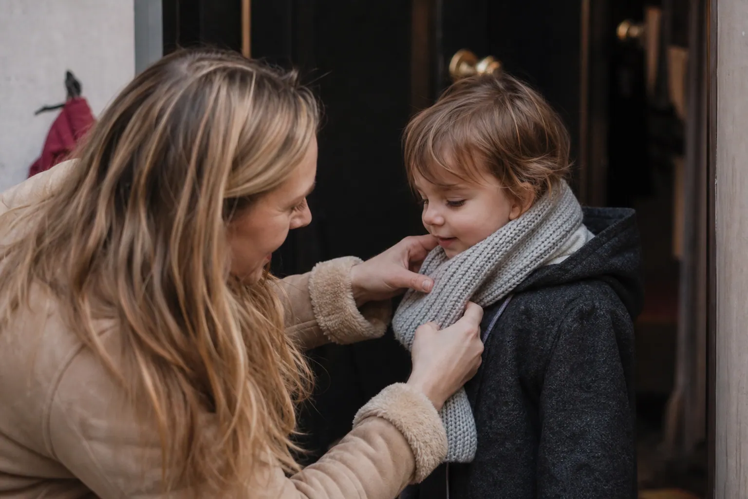 Parent français aidant un enfant de 2 ans à enfiler une petite écharpe d’hiver