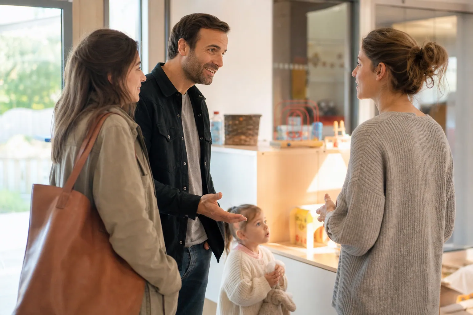 Parents échangeant avec une éducatrice devant une crèche lumineuse.