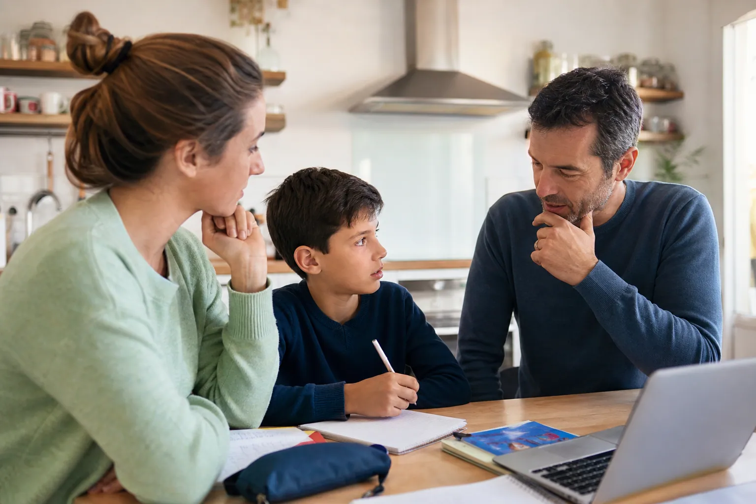 Parents et enfant discutant du choix d’une école autour d’une table, ambiance chaleureuse.