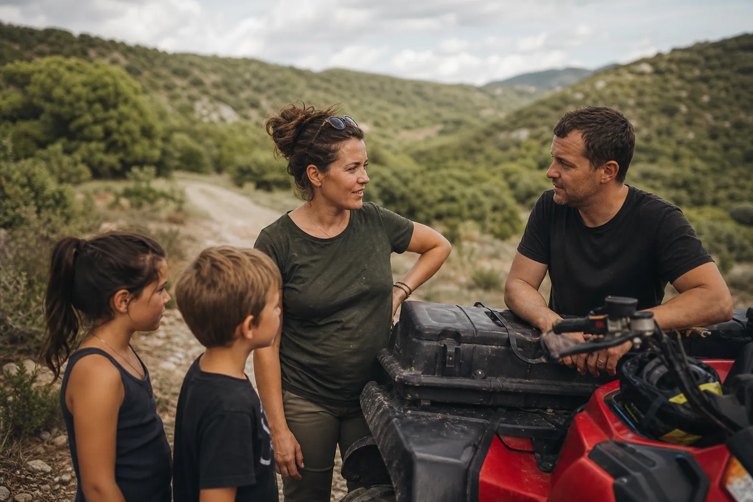 Un parent examine un quad sur un chemin de campagne avec un autre adulte