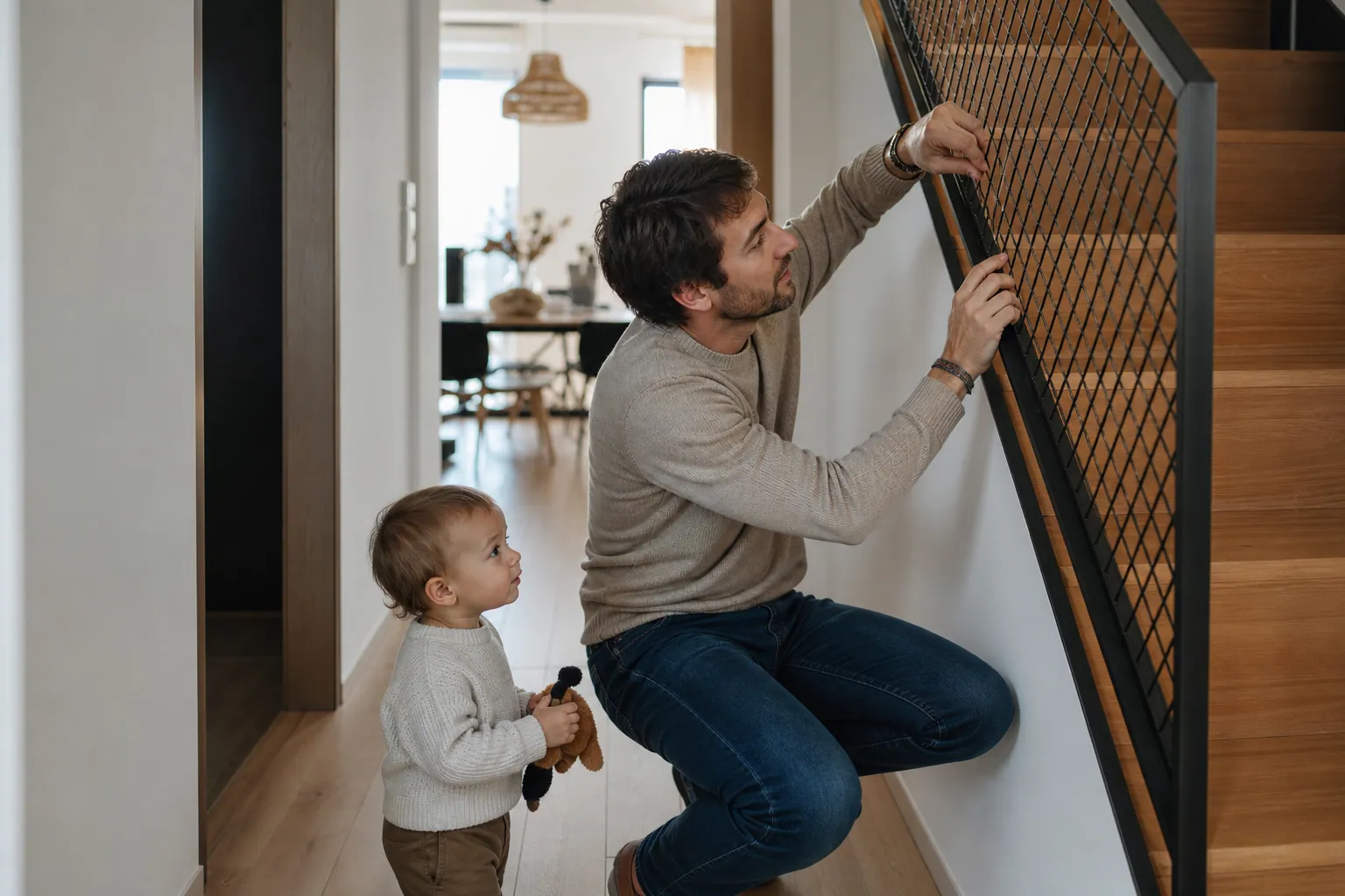 Parent vérifiant un garde-corps d’escalier sécurisé pendant qu’un jeune enfant joue à proximité.