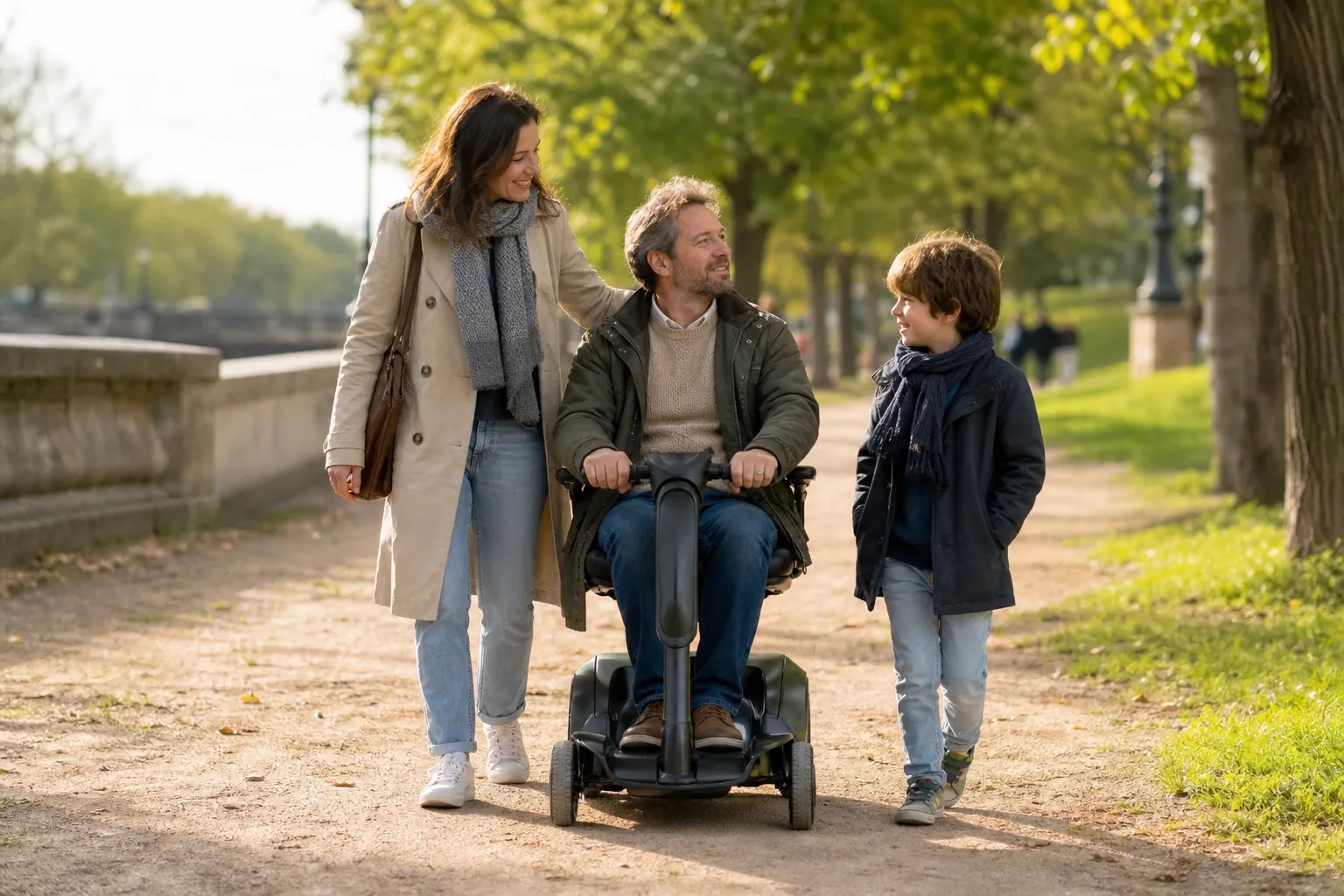 Personne en scooter de mobilité accompagnée de sa famille dans un parc en France