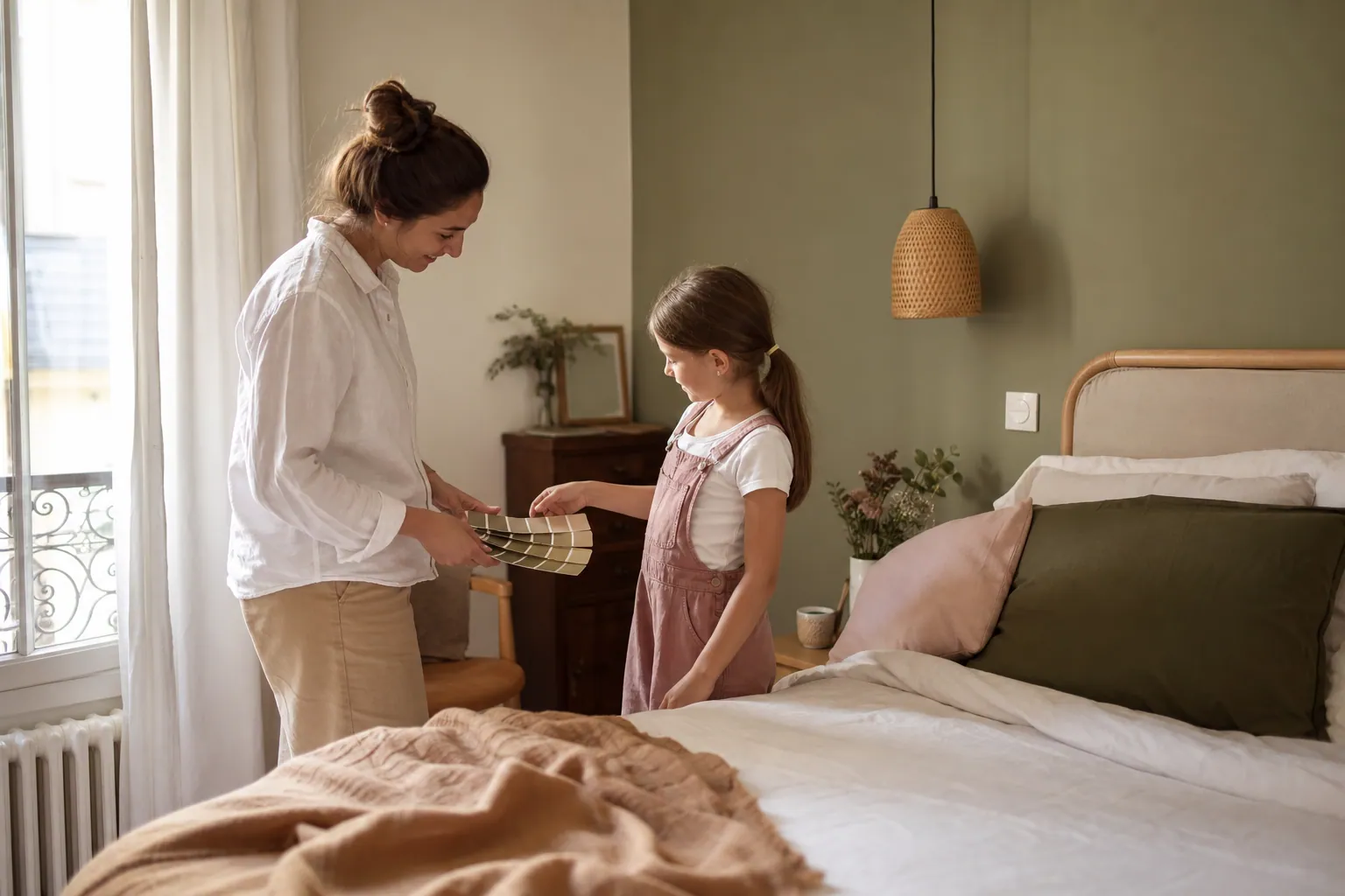 Parent et enfant testant des échantillons dans une chambre bicolore lumineuse